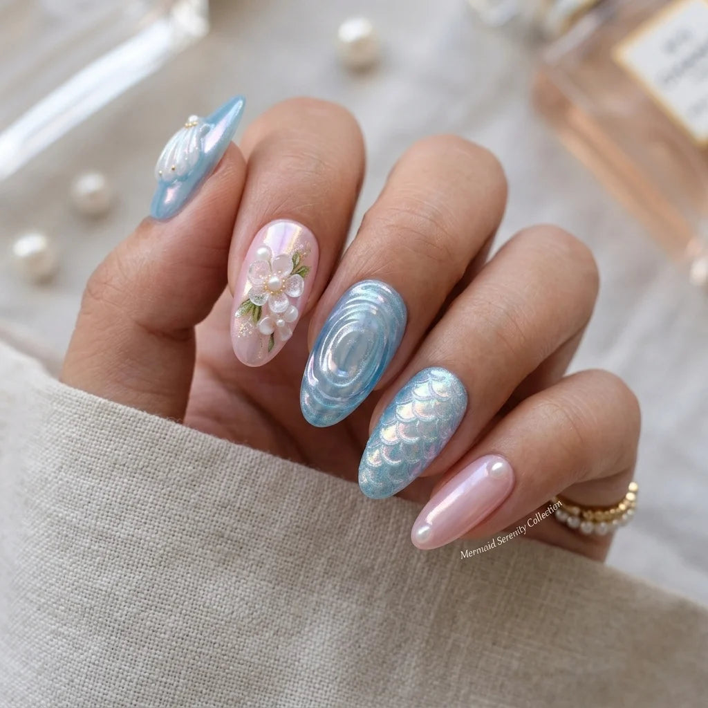 baby blue holographic almond medium press on nails mockup 01