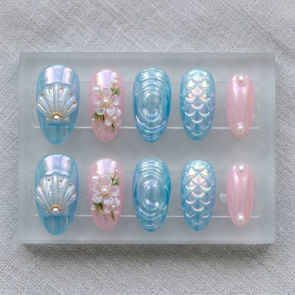 baby blue holographic almond medium press on nails mockup 02