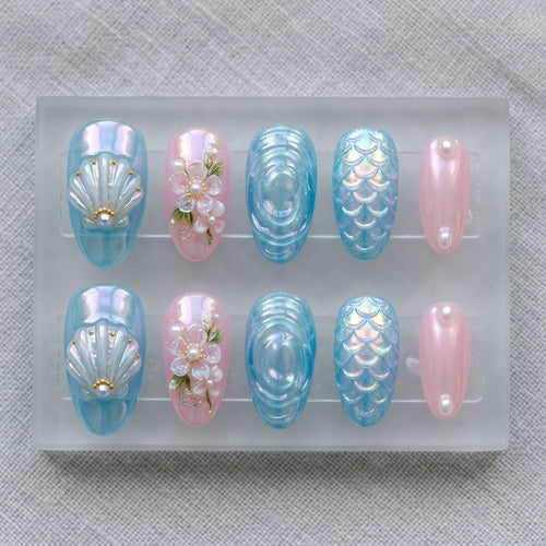 baby blue holographic almond medium press on nails mockup 02