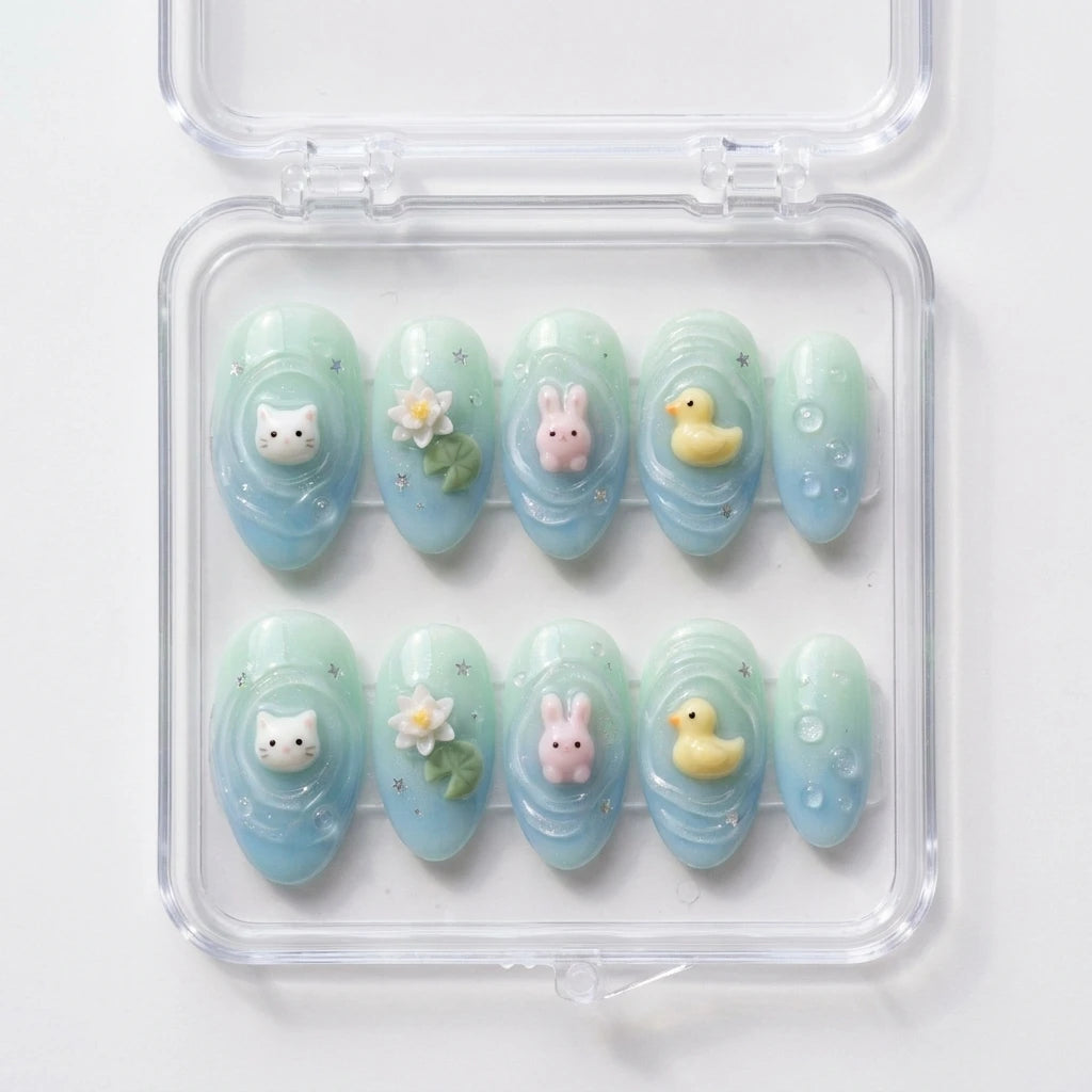 baby blue mint green 3d almond press on nails pond bunny duck cat lotus box 05