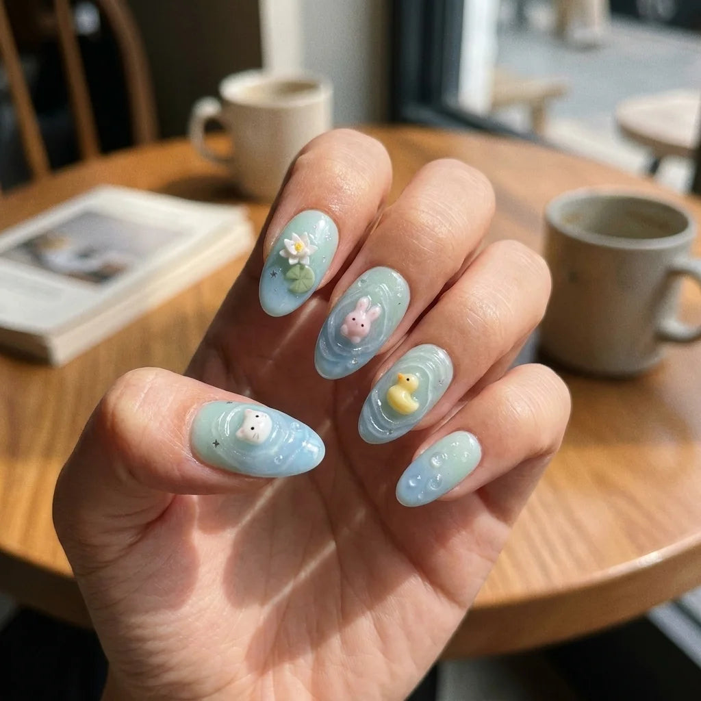 baby blue mint green 3d almond press on nails pond bunny duck cat lotus lifestyle 03