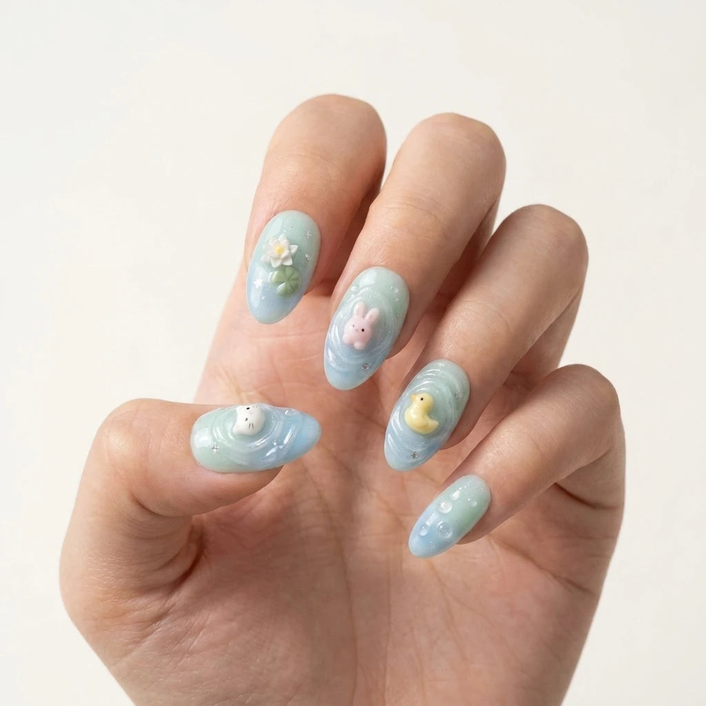 baby blue mint green 3d almond press on nails pond bunny duck cat lotus mockup 01