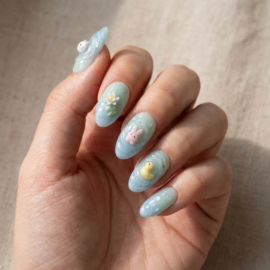 baby blue mint green 3d almond press on nails pond bunny duck cat lotus mockup 02