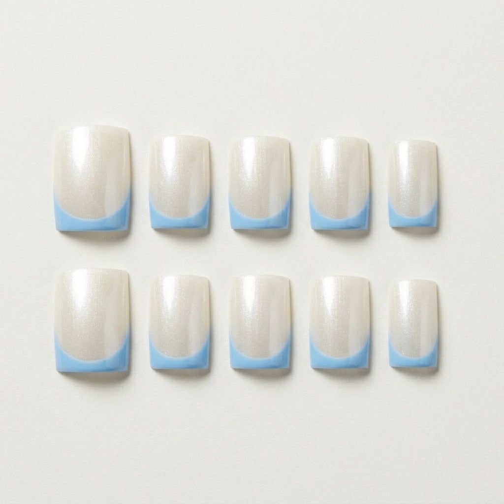 baby blue pearl chrome french tip square short press on nails flat lay 04