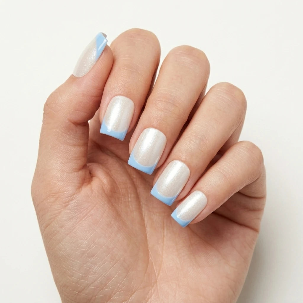 baby blue pearl chrome french tip square short press on nails lifestyle 02