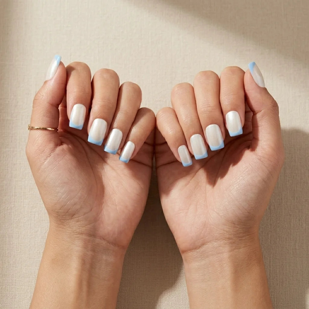 baby blue pearl chrome french tip square short press on nails lifestyle 03