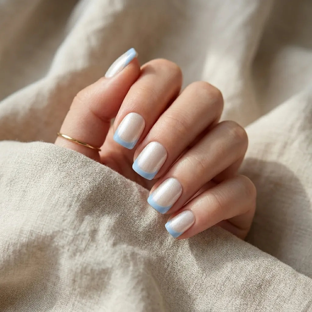 baby blue pearl chrome french tip square short press on nails mockup 01