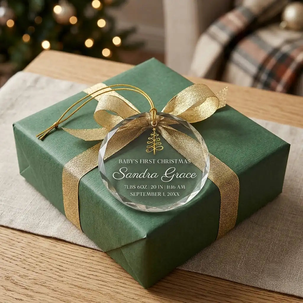 Personalized newborn baby birth glass ornament presented beside a wrapped holiday gift box on rustic wooden background