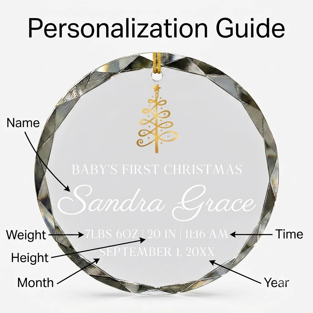 Personalization instruction card showing text input fields for custom names, dates and year on glass ornament