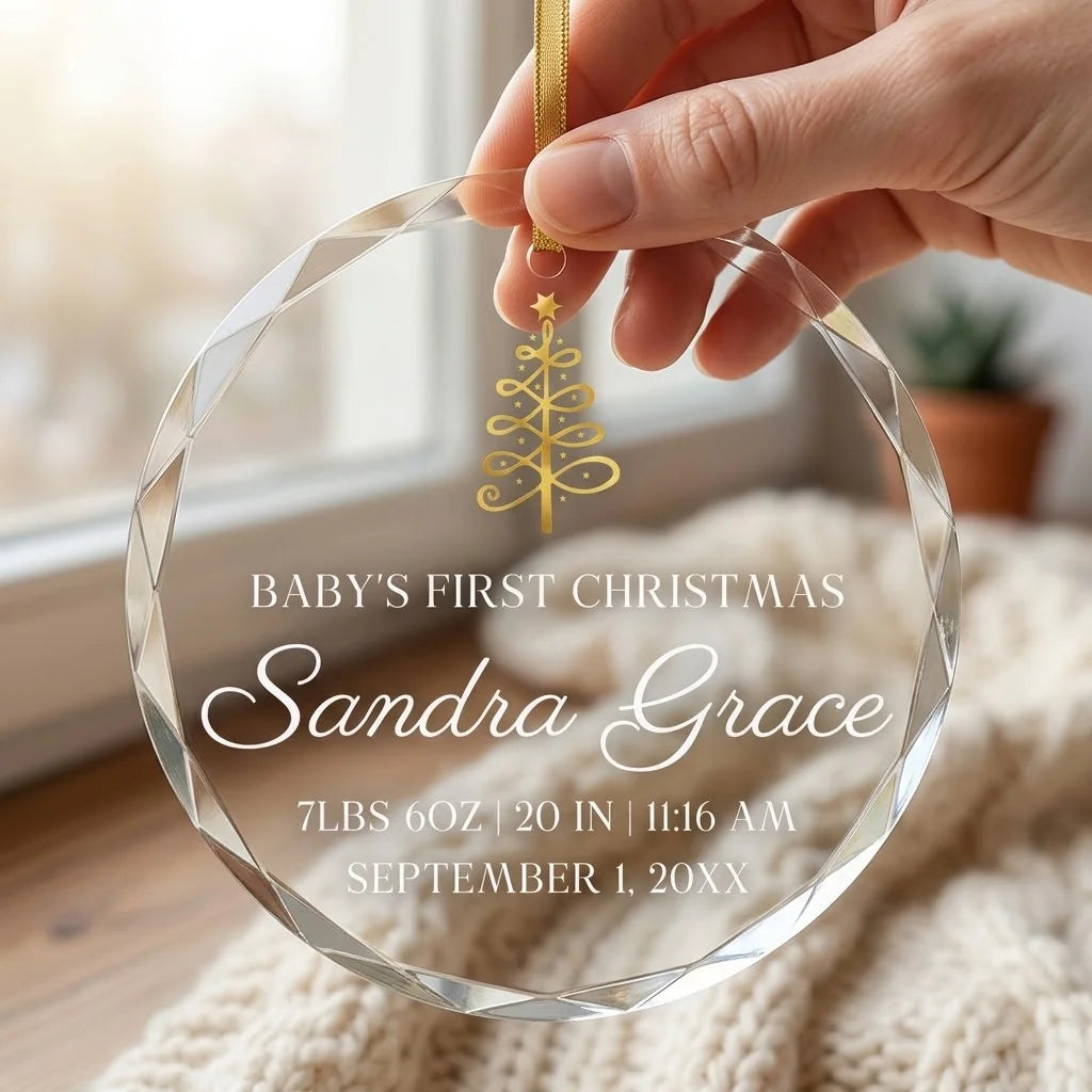 Hand holding a transparent faceted glass ornament with gold string loop showing printed gold spiral Christmas tree with star top design and crisp white lettering in cozy indoor scene
