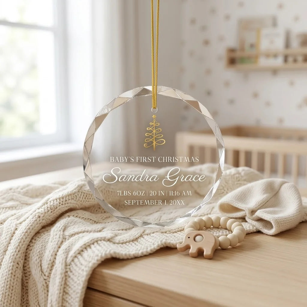 Cozy Christmas holiday scene displaying the custom transparent glass ornament hanging near mantel decor