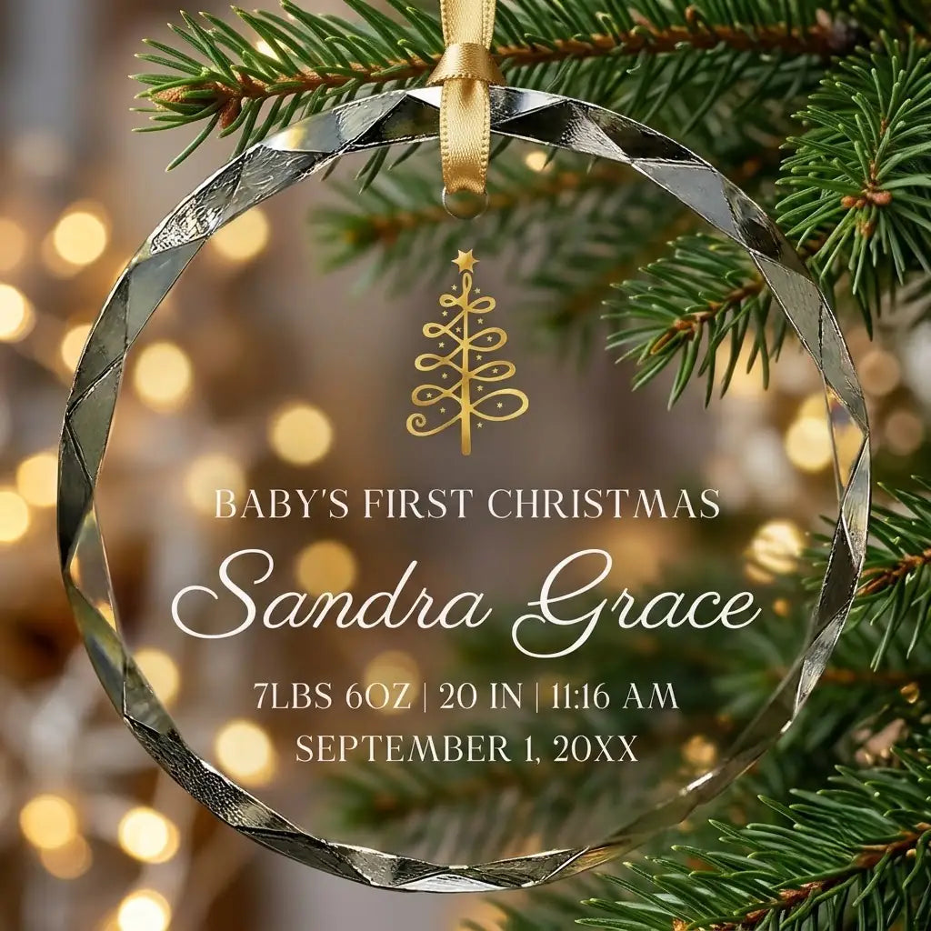 Personalized clear glass newborn baby birth ornament displayed hanging on Christmas tree branch with warm sparkling holiday lights background