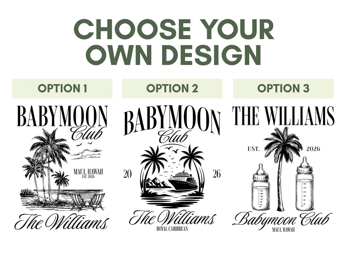 Graphic titled Choose Your Own Design with three black line-art options: a palm beach, a cruise ship scene and baby bottles