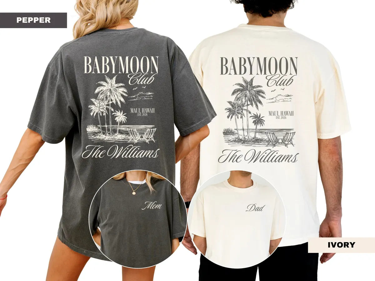 Backs of a Pepper tee and an Ivory tee with Babymoon Club palm tree art, circled fronts showing Mom and Dad script