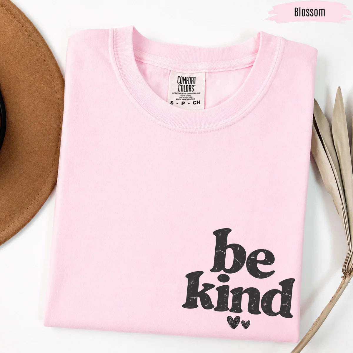Be Kind graphic Comfort Colors T-shirt in Blossom, additional product photograph.
