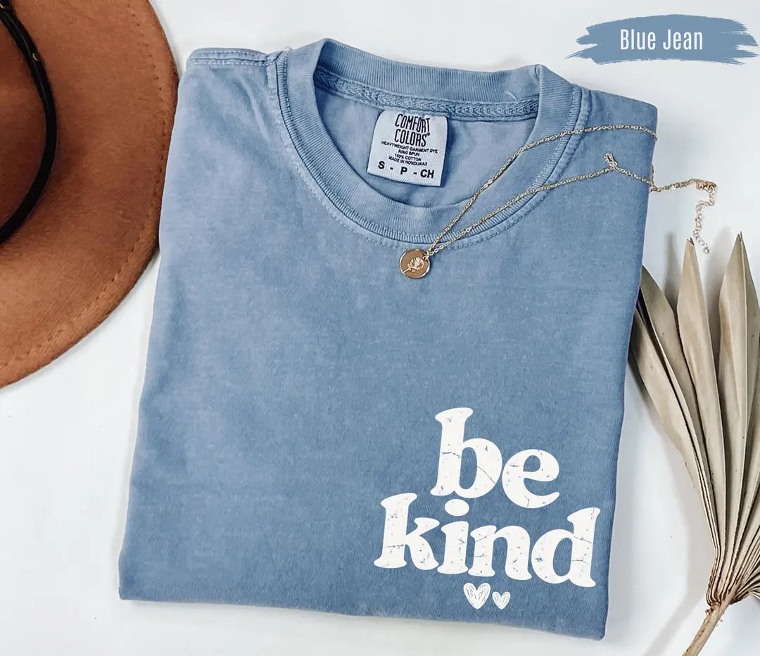 Be Kind graphic Comfort Colors T-shirt in Blue Jean, additional product photograph.