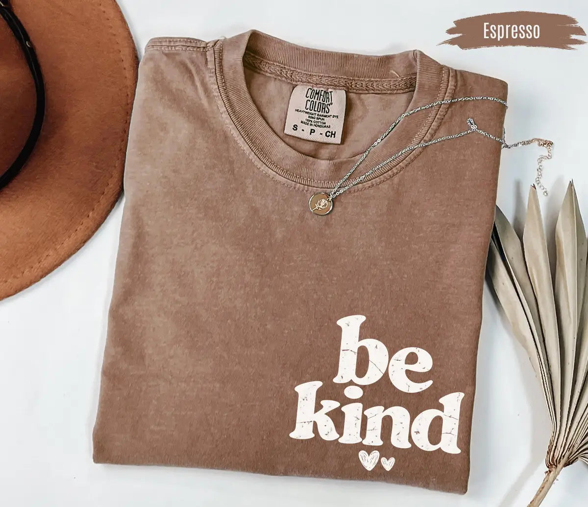 Be Kind graphic Comfort Colors T-shirt in Espresso, additional product photograph.