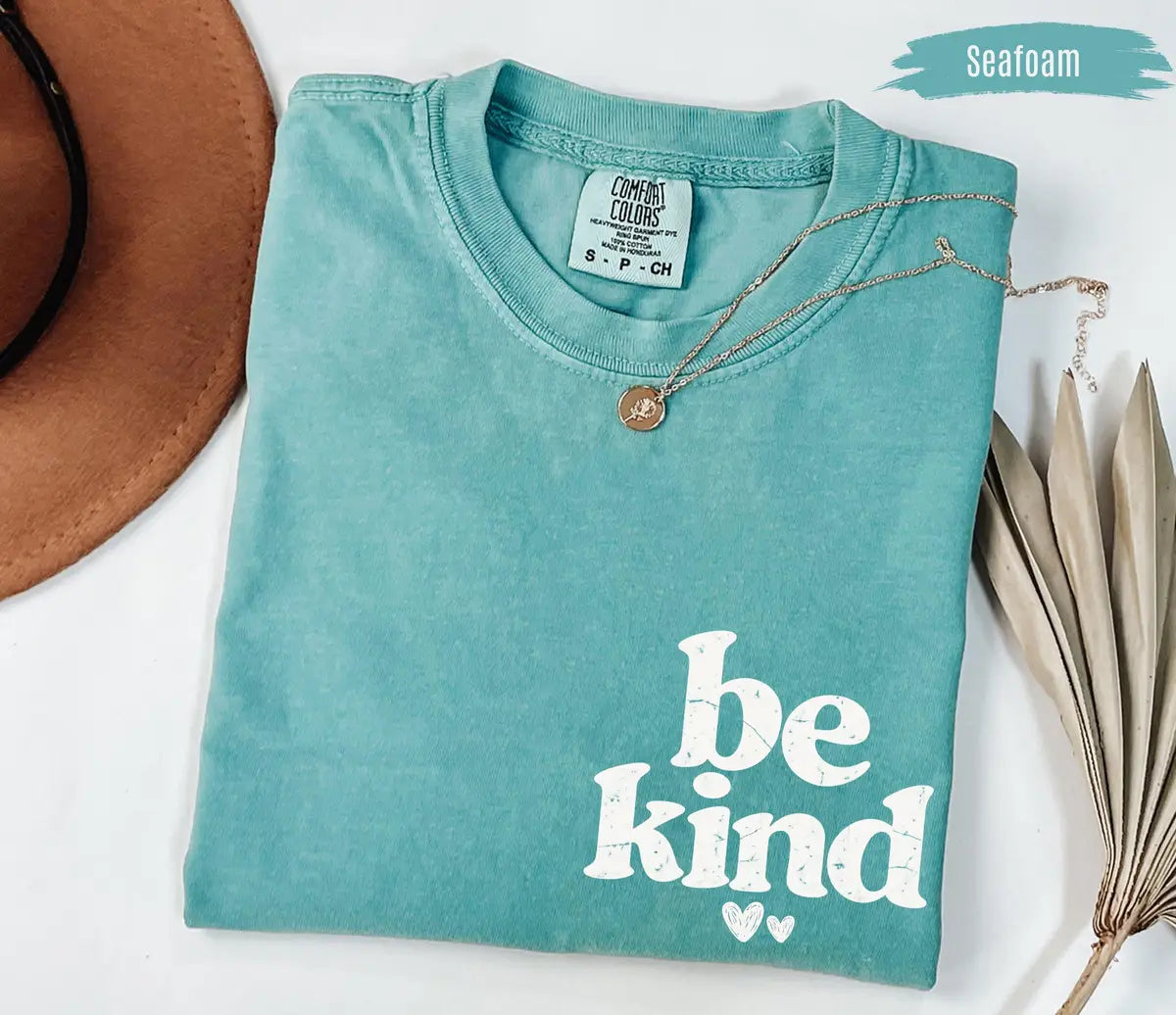 Be Kind graphic Comfort Colors T-shirt in Seafoam, additional product photograph.