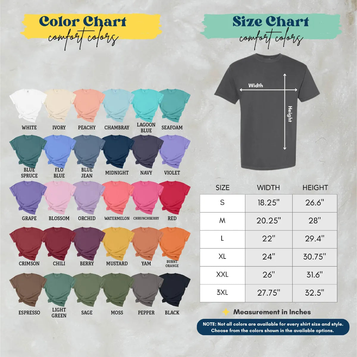 Comfort Colors 1717 T-shirt sizing chart with adult garment measurements.