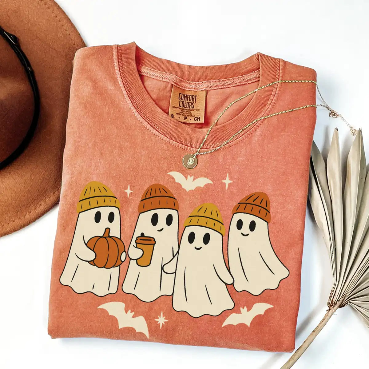 Comfort Colors T-shirt in Crunchberry color featuring beanie ghosts graphic