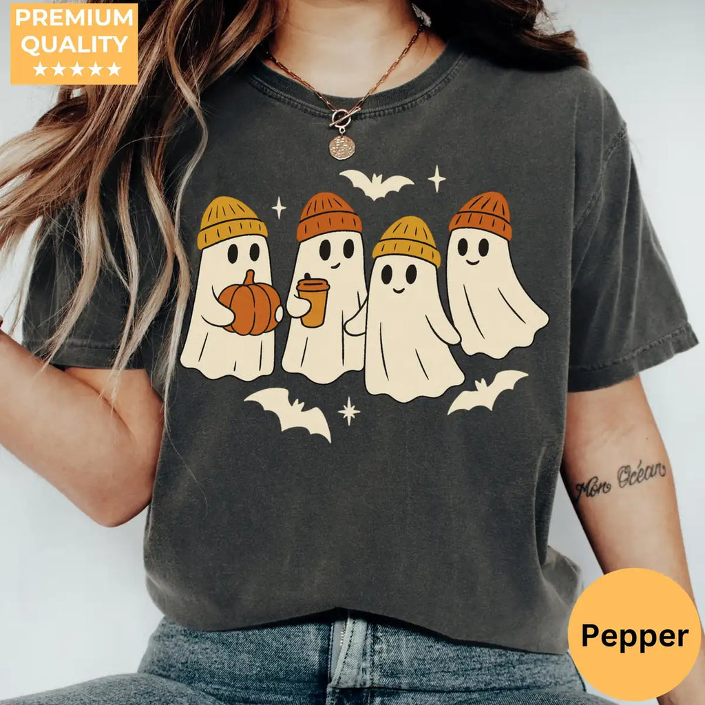 Comfort Colors T-shirt in Ivory color featuring beanie ghosts graphic