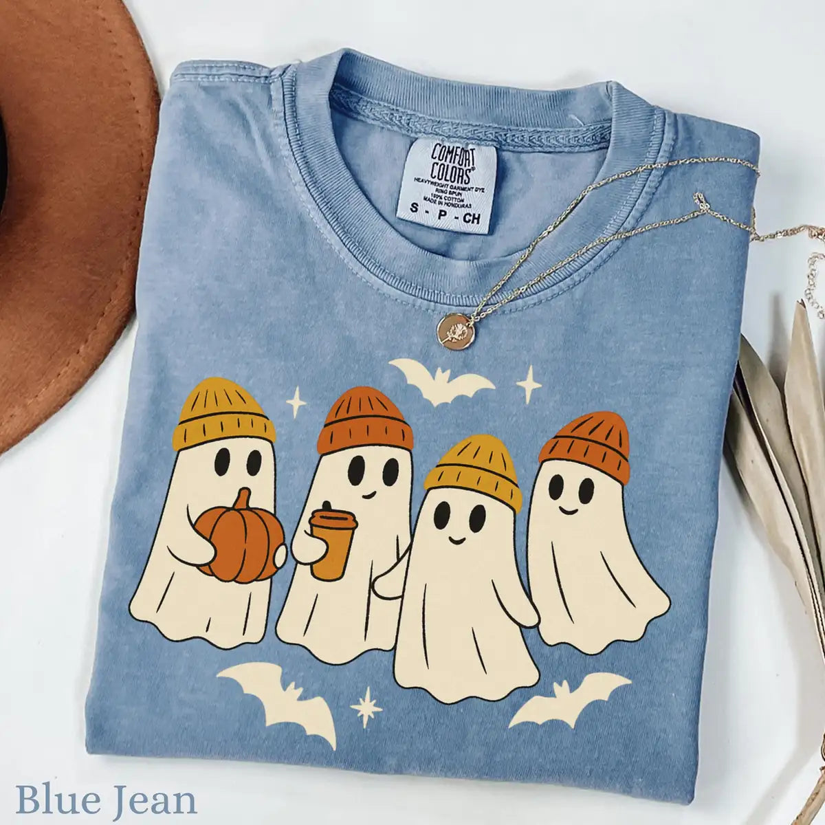 Comfort Colors T-shirt in Pepper color featuring beanie ghosts graphic