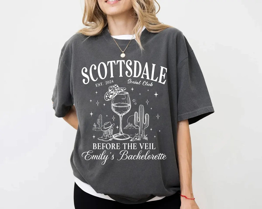 Scottsdale Before The Veil - Custom Name and Location - Desert Bachelorette Party Comfort Colors T-Shirt - Comfort Colors T-Shirt Mockup Image