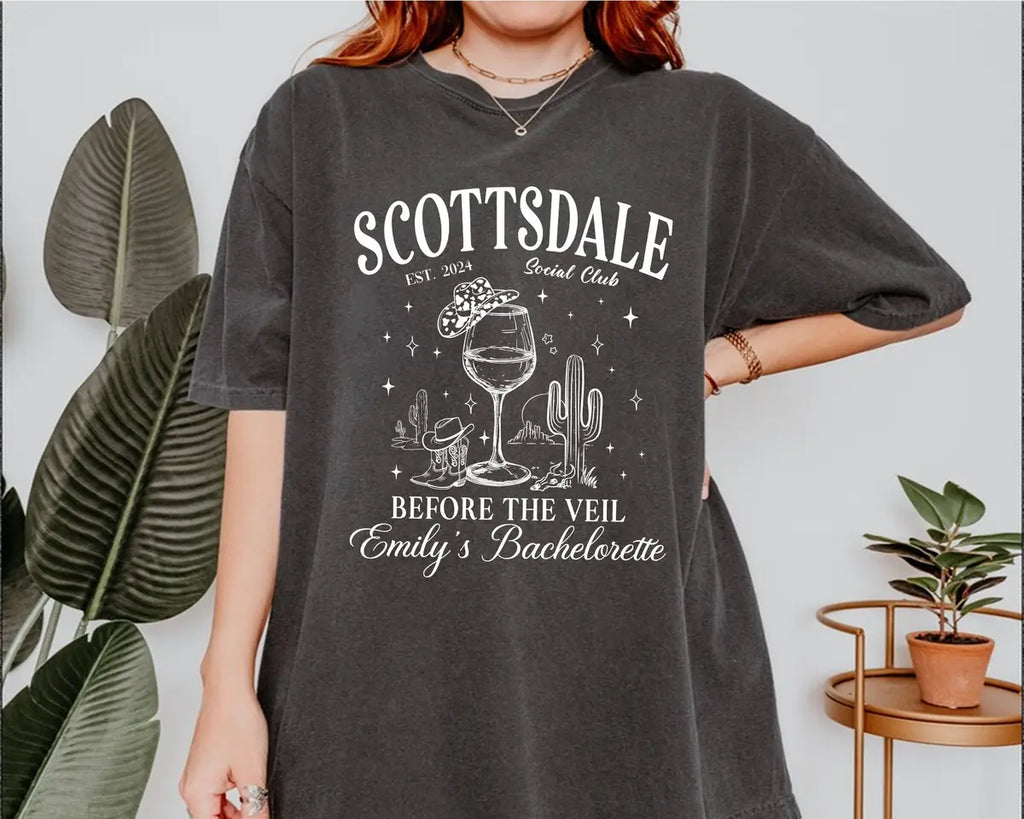 Scottsdale Before The Veil - Custom Name and Location - Desert Bachelorette Party Comfort Colors T-Shirt - Comfort Colors T-Shirt Mockup Image