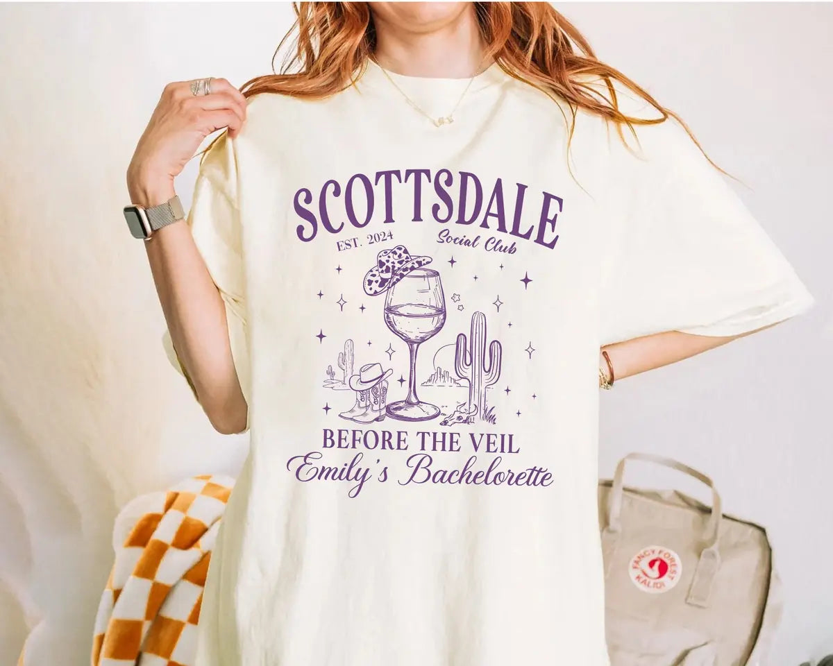 Scottsdale Before The Veil - Custom Name and Location - Desert Bachelorette Party Comfort Colors T-Shirt - Comfort Colors T-Shirt Mockup Image