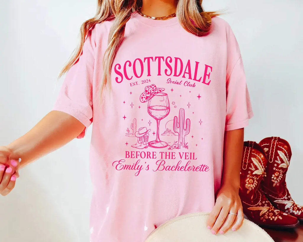 Scottsdale Before The Veil - Custom Name and Location - Desert Bachelorette Party Comfort Colors T-Shirt - Comfort Colors T-Shirt Mockup Image