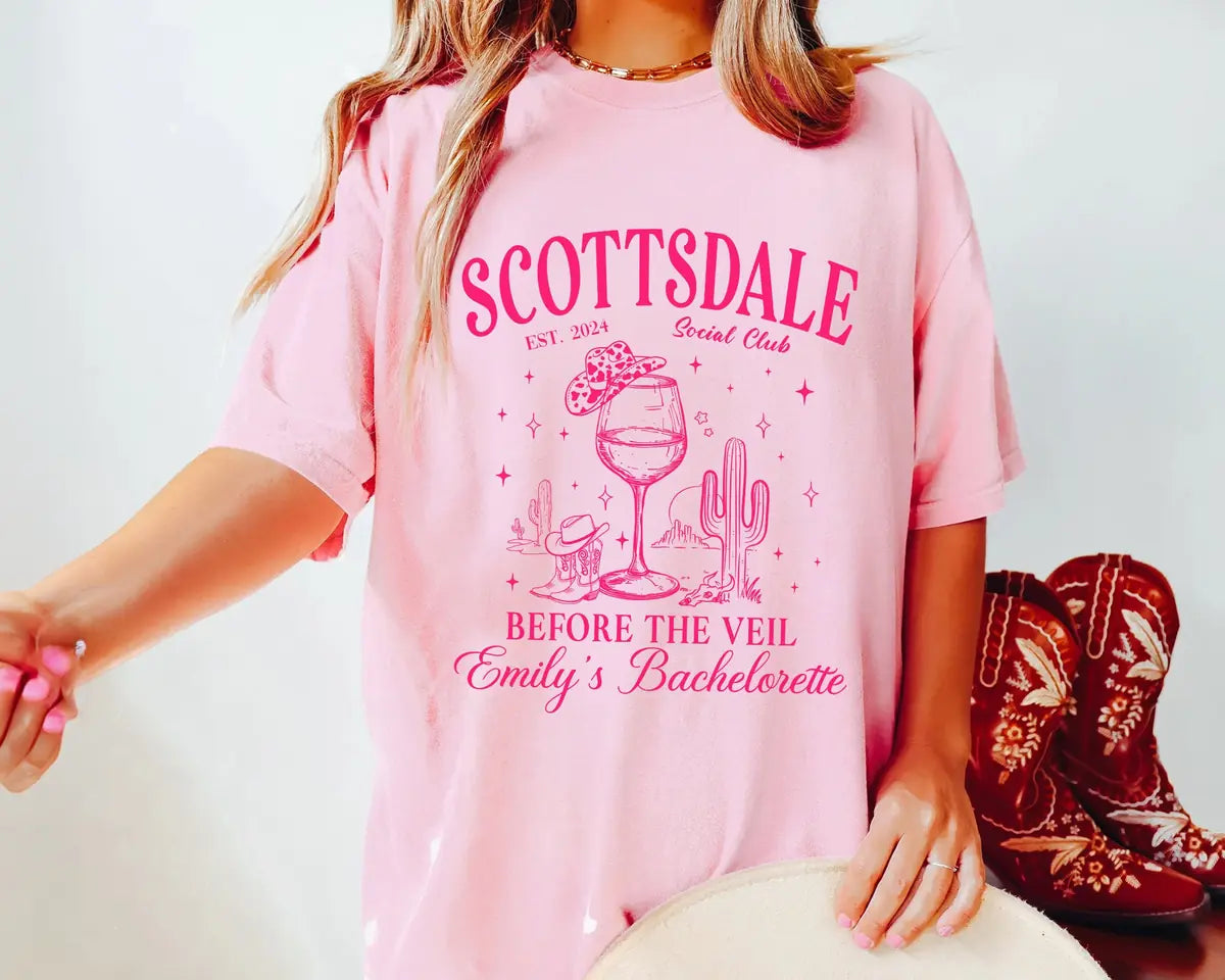 Scottsdale Before The Veil - Custom Name and Location - Desert Bachelorette Party Comfort Colors T-Shirt - Comfort Colors T-Shirt Mockup Image