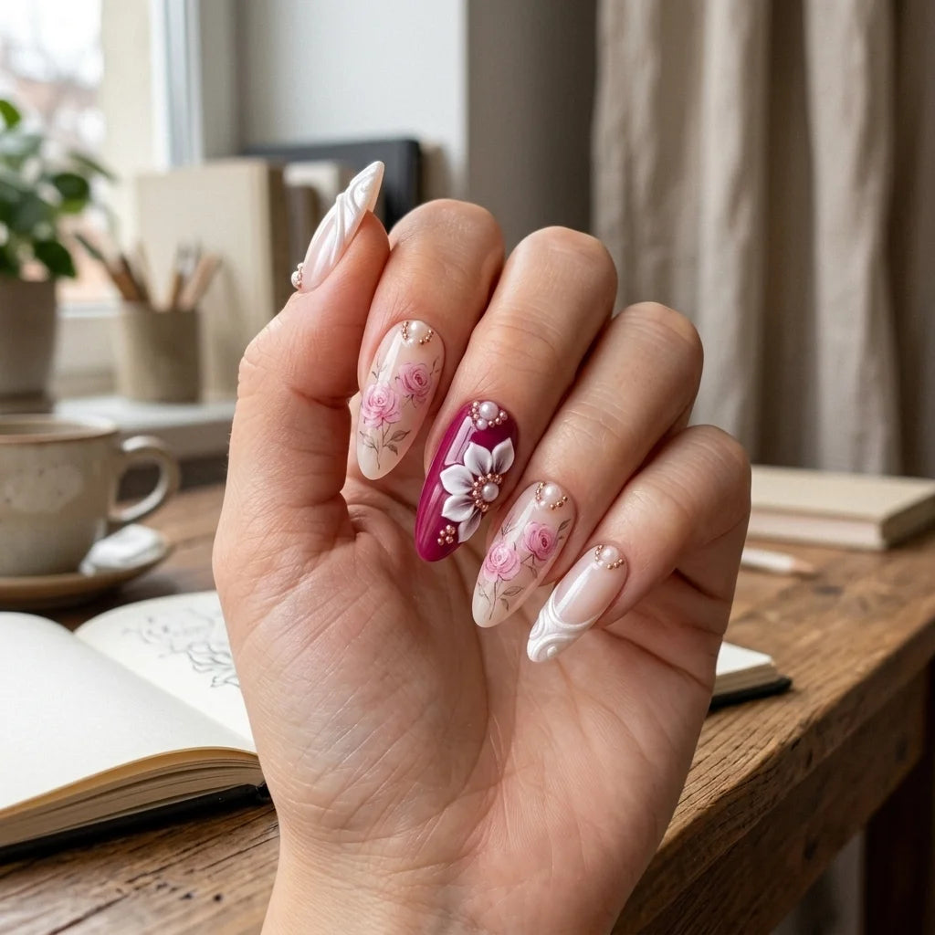 berry red blush nude 3d hand painted almond press on nails rose flower pearl detail 03