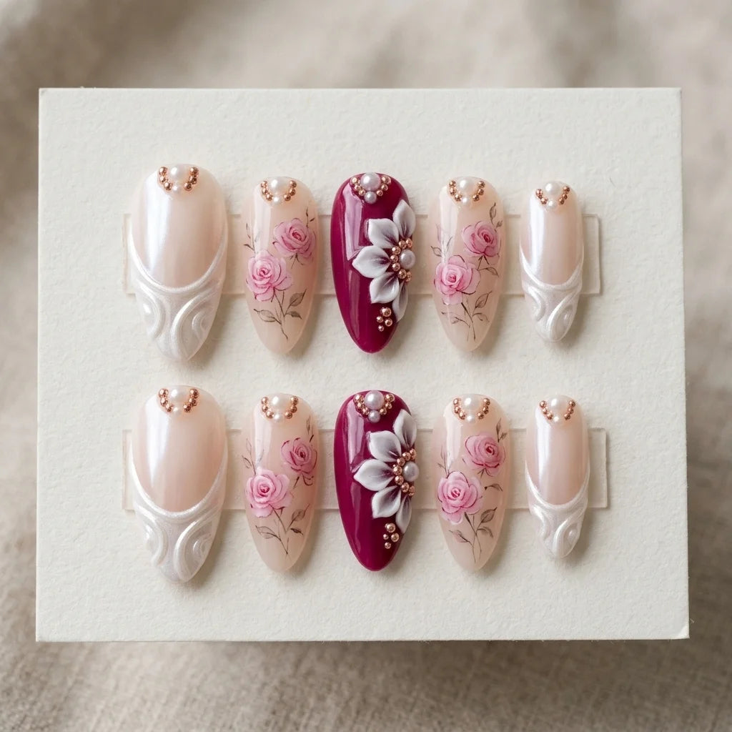 berry red blush nude 3d hand painted almond press on nails rose flower pearl flat lay 04