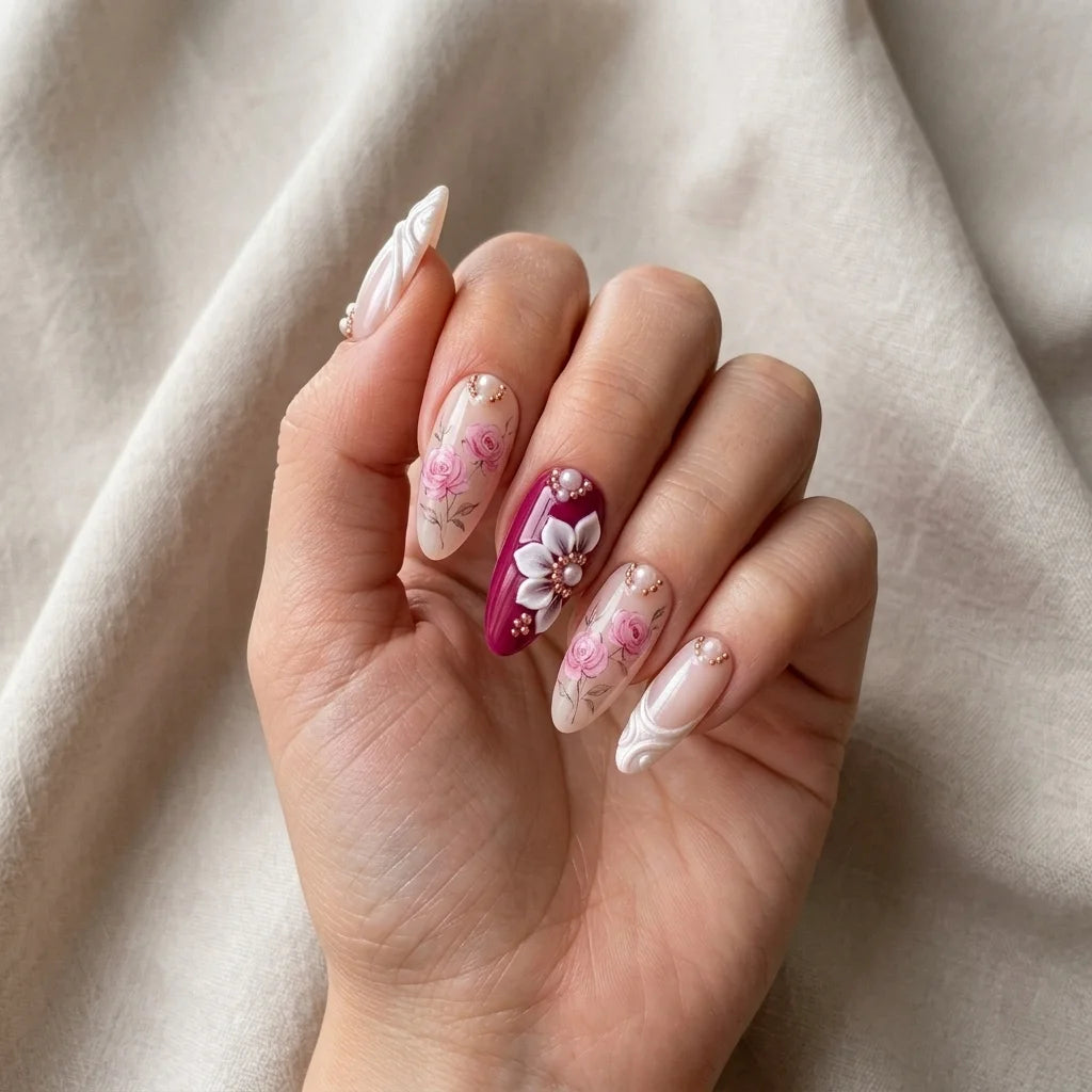 berry red blush nude 3d hand painted almond press on nails rose flower pearl lifestyle 02