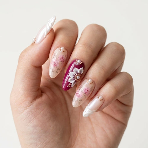 berry red blush nude 3d hand painted almond press on nails rose flower pearl mockup 01