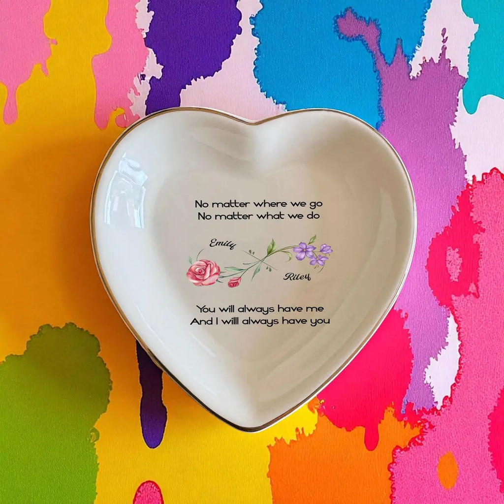 Personalized best friend birth flower ring dish in a heart shape