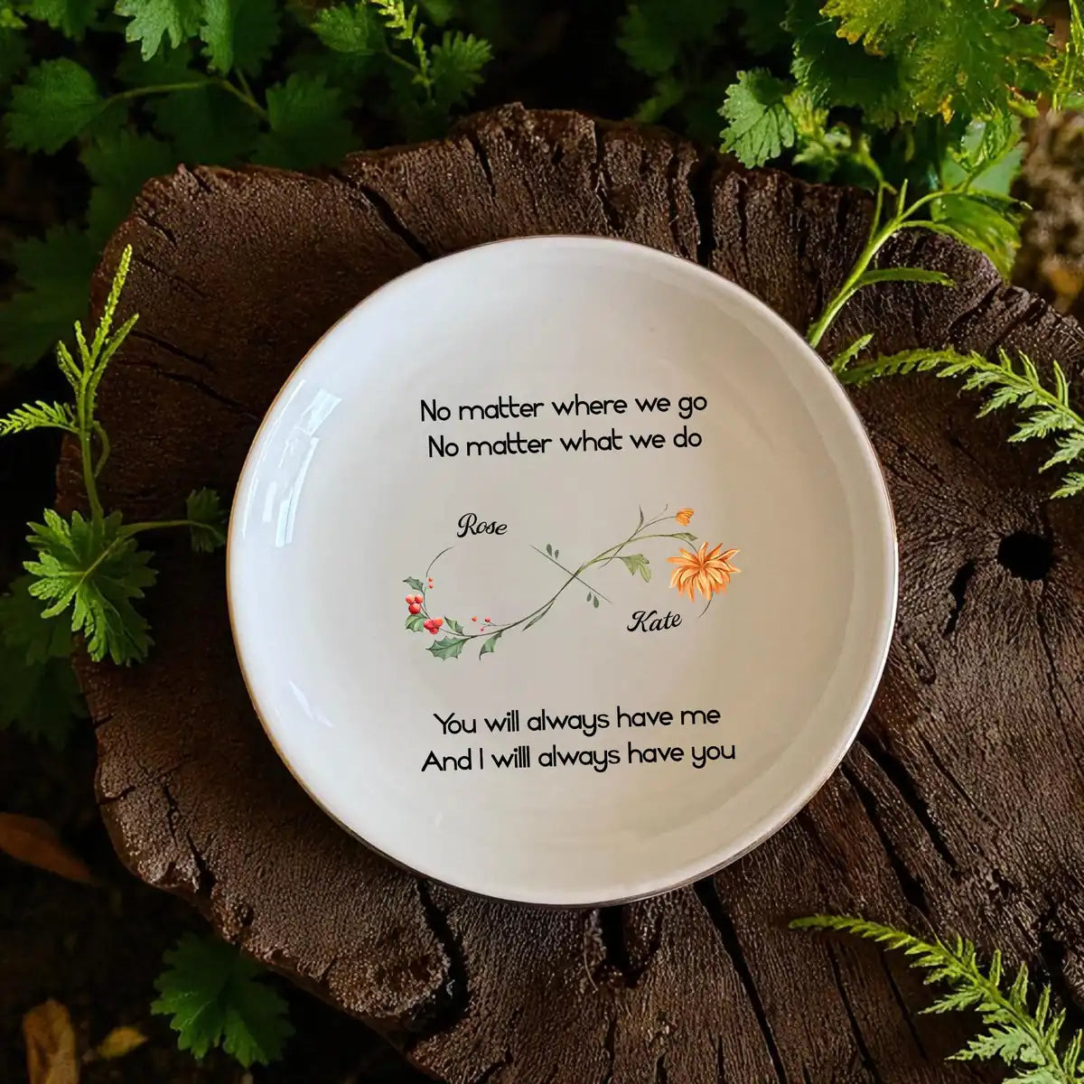 Personalized best friend birth flower ring dish in a round shape