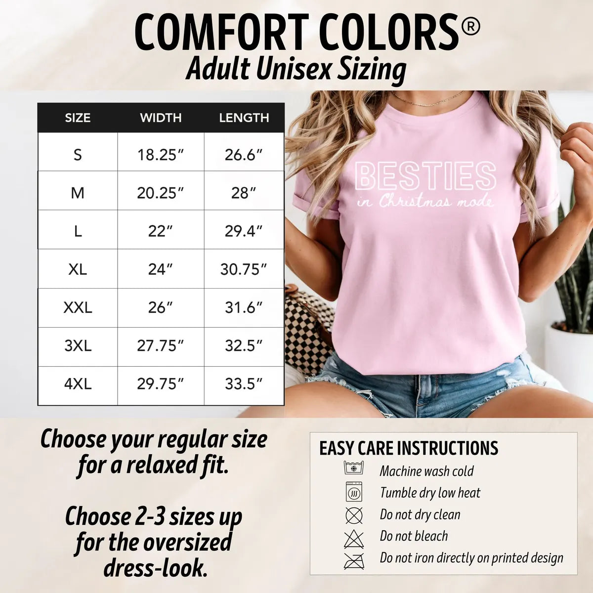 Besties in Christmas Mode graphic Comfort Colors T-shirt in Blossom, additional product photograph.