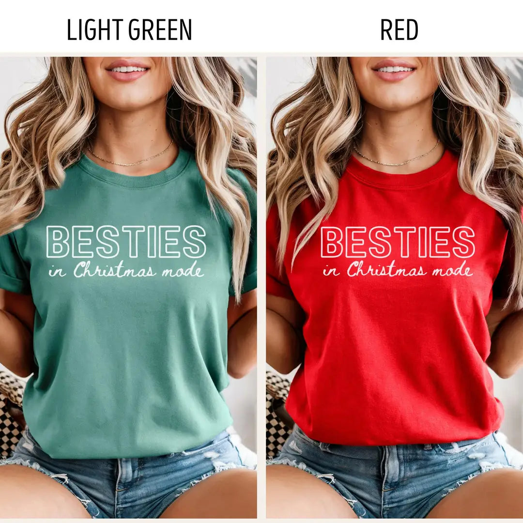 Besties in Christmas Mode graphic Comfort Colors T-shirt in Green, additional product photograph.