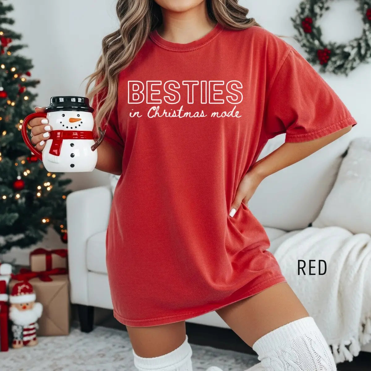 Besties in Christmas Mode graphic Comfort Colors T-shirt in Red, additional product photograph.