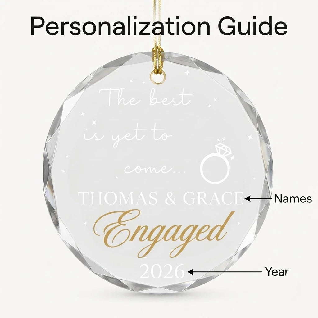 Personalization instruction card showing text input fields for custom names, dates and year on glass ornament