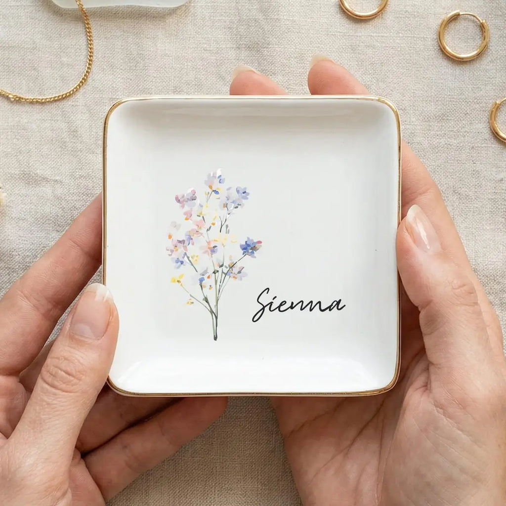 Birth flower ring dish for mom with custom name