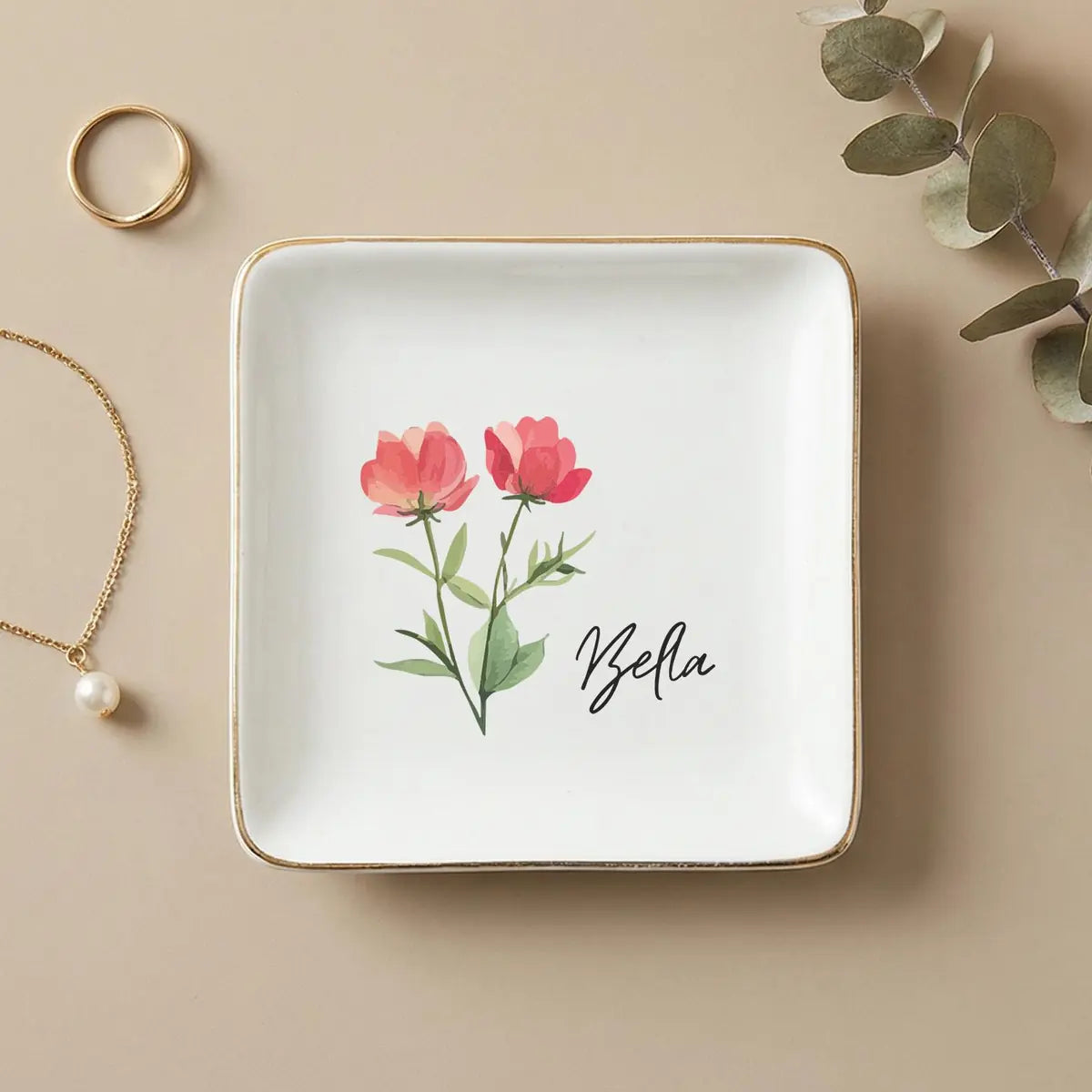 Birth flower ring dish for mom with custom name