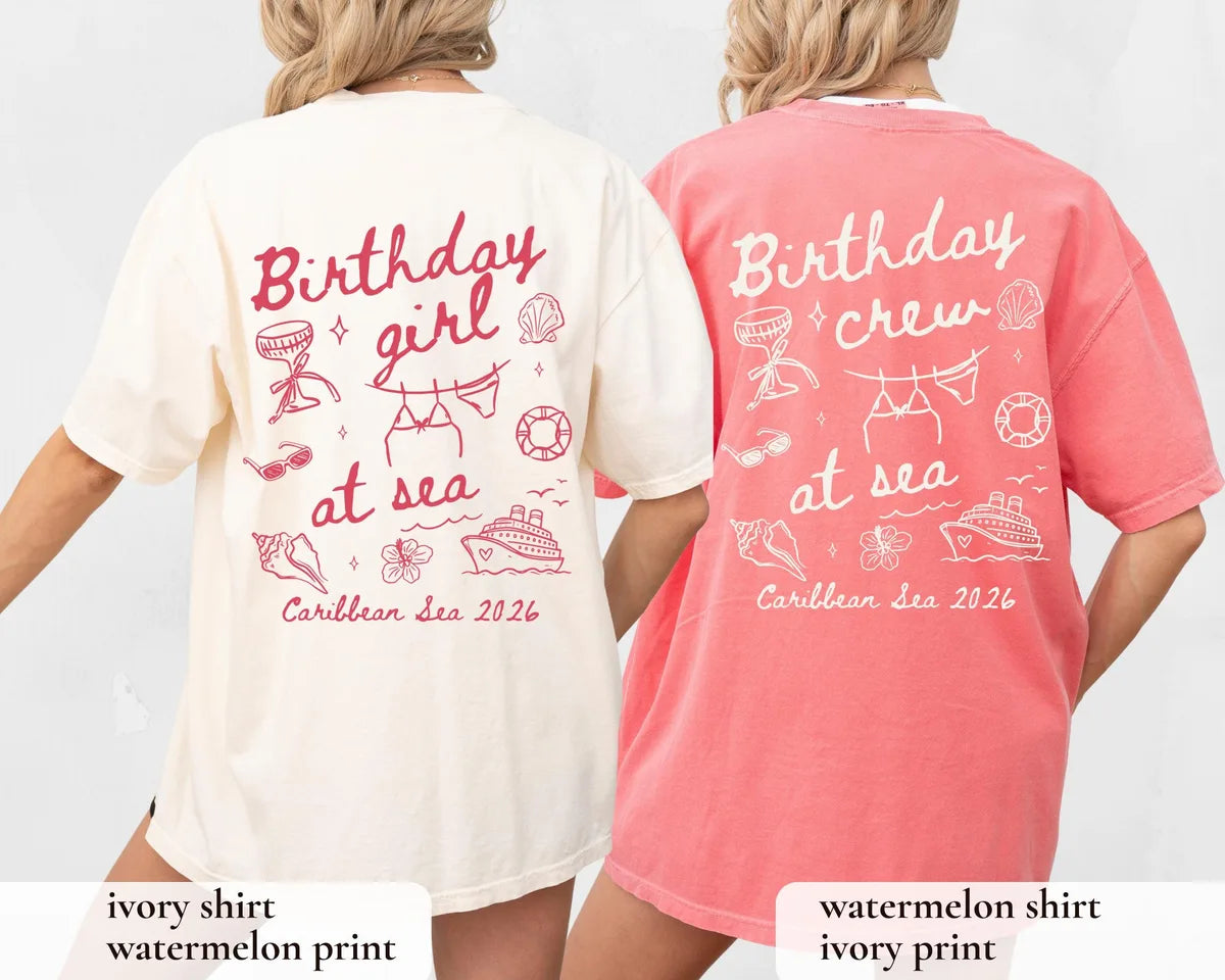 Backs of an Ivory tee with a watermelon print saying Birthday girl and a Watermelon tee with an ivory Birthday crew print