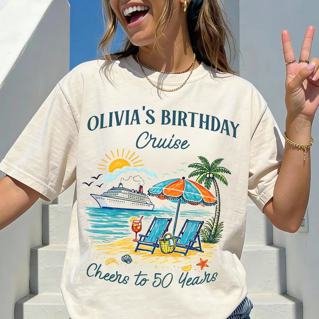 Comfort Colors T-shirt with Birthday Cruise celebration design, featured shirt mockup.