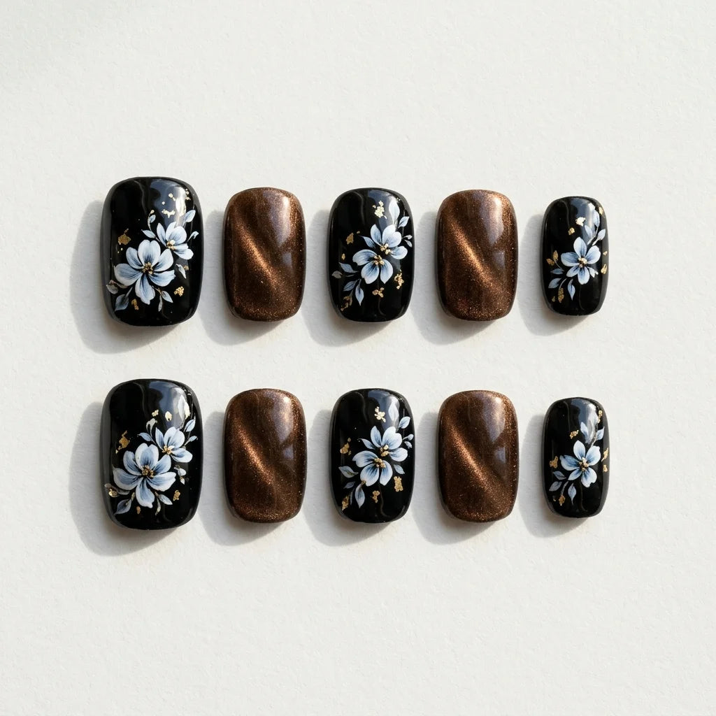 black bronze blue cat eye hand painted almond press on nails floral gold flake lifestyle 02