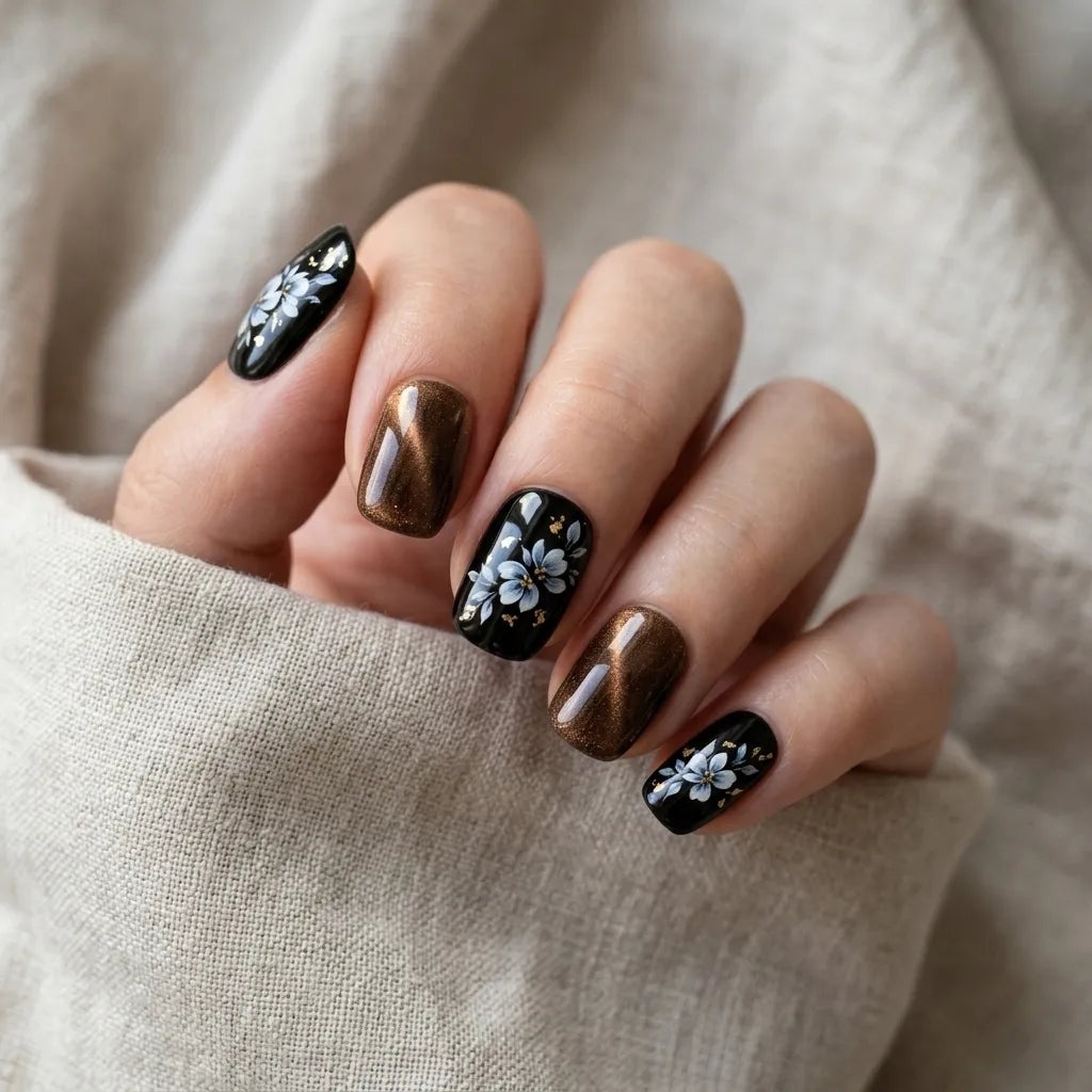 black bronze blue cat eye hand painted almond press on nails floral gold flake mockup 01