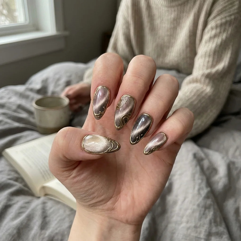 black cat eye almond medium press on nails gold swirl flat lay 01