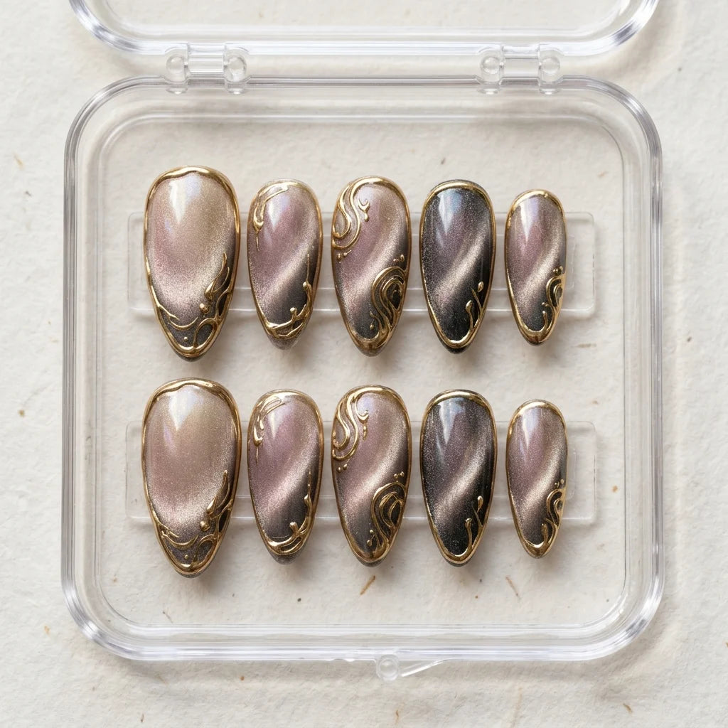 black cat eye almond medium press on nails gold swirl mockup 01