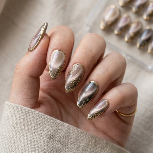 black cat eye almond medium press on nails gold swirl mockup 02